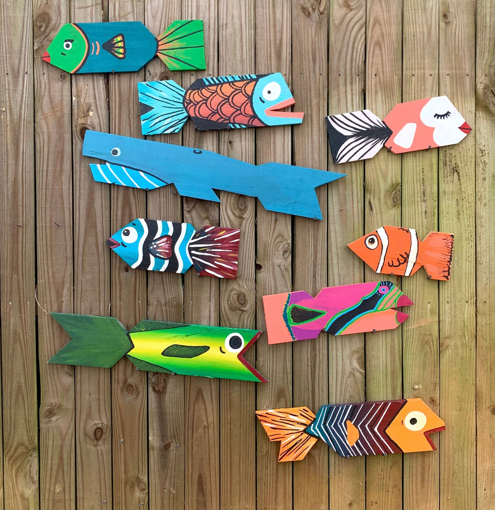Funky Wood Fish, Custom Signs - Tiki Bar Decor - Gift - Colorful Fish Art -Directional Tiki Bar Signs - Outdoor Pool Decor